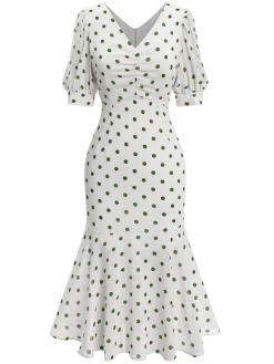 New Retro Stage Beige 1930s Polka Dot Mermaid Dress