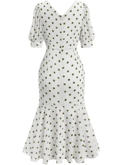 New Retro Stage Beige 1930s Polka Dot Mermaid Dress