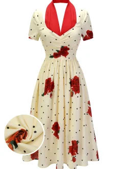 Clearance Retro Stage 1930s Polka Dot Rose Patchwork Dress Beige