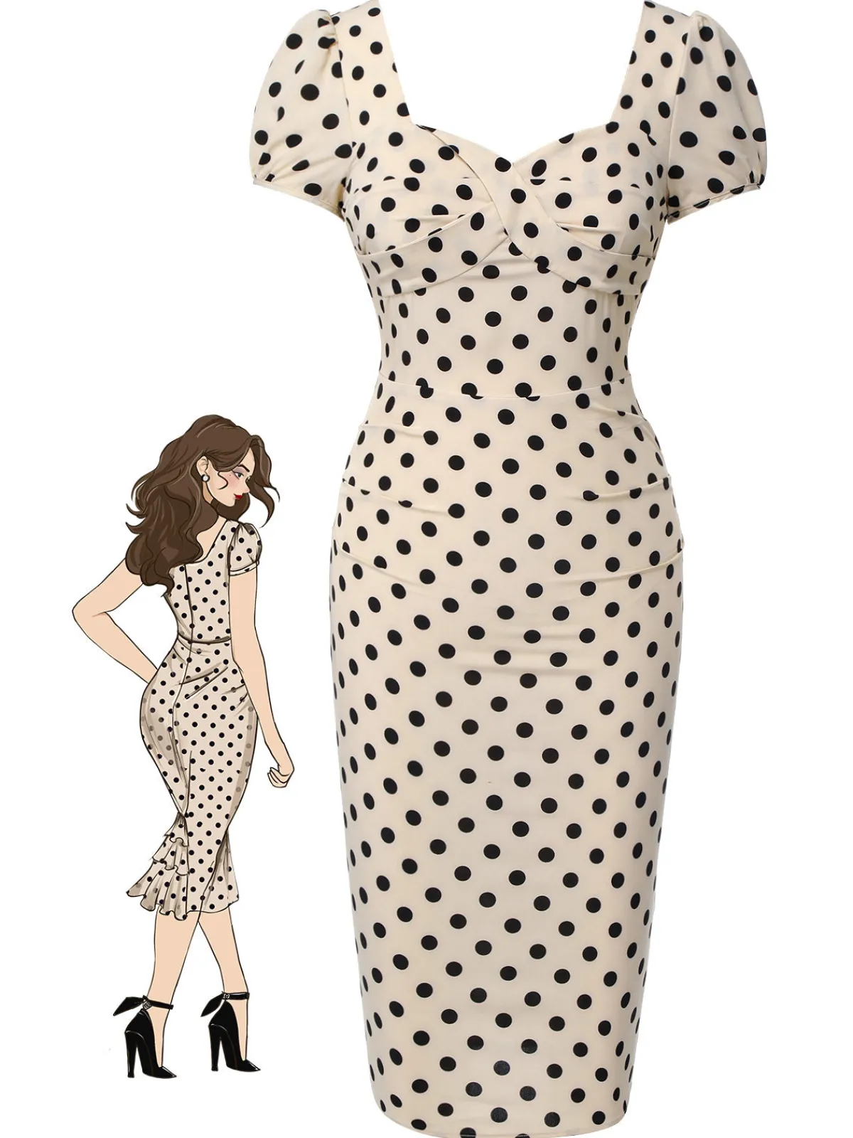 Hot Retro Stage 1960s Polka Dot Square Neck Puff Dress Beige