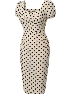 Hot Retro Stage 1960s Polka Dot Square Neck Puff Dress Beige