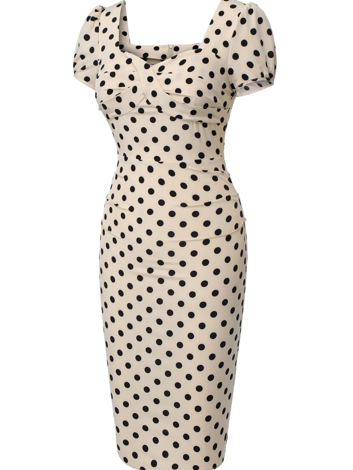 Hot Retro Stage 1960s Polka Dot Square Neck Puff Dress Beige