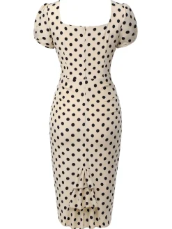 Hot Retro Stage 1960s Polka Dot Square Neck Puff Dress Beige