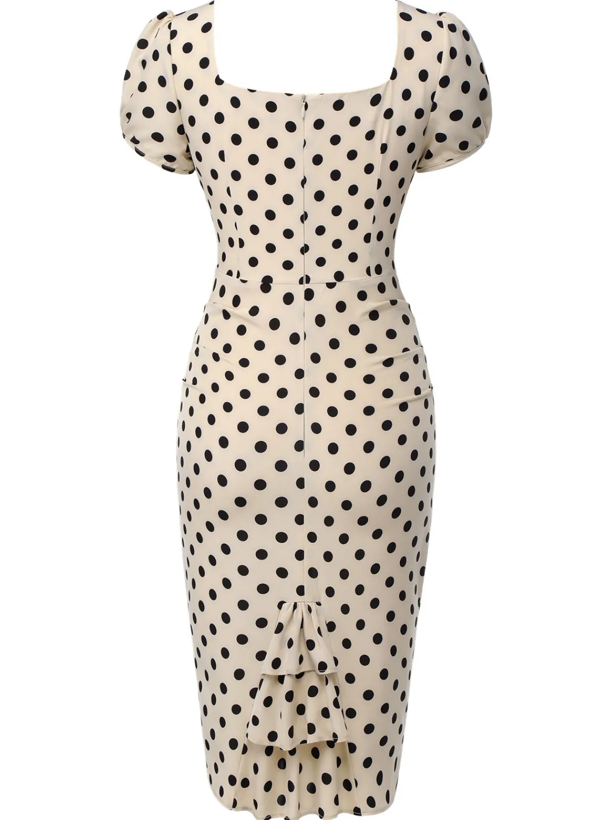 Hot Retro Stage 1960s Polka Dot Square Neck Puff Dress Beige