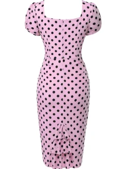 Hot Retro Stage 1960s Polka Dot Square Neck Puff Dress Beige