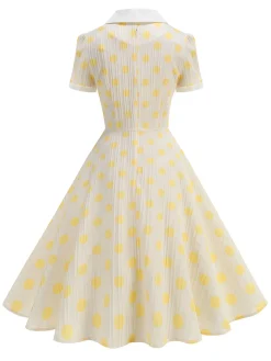 Outlet Retro Stage 1950s Polka Dots Lapel Buttons Dress Beige