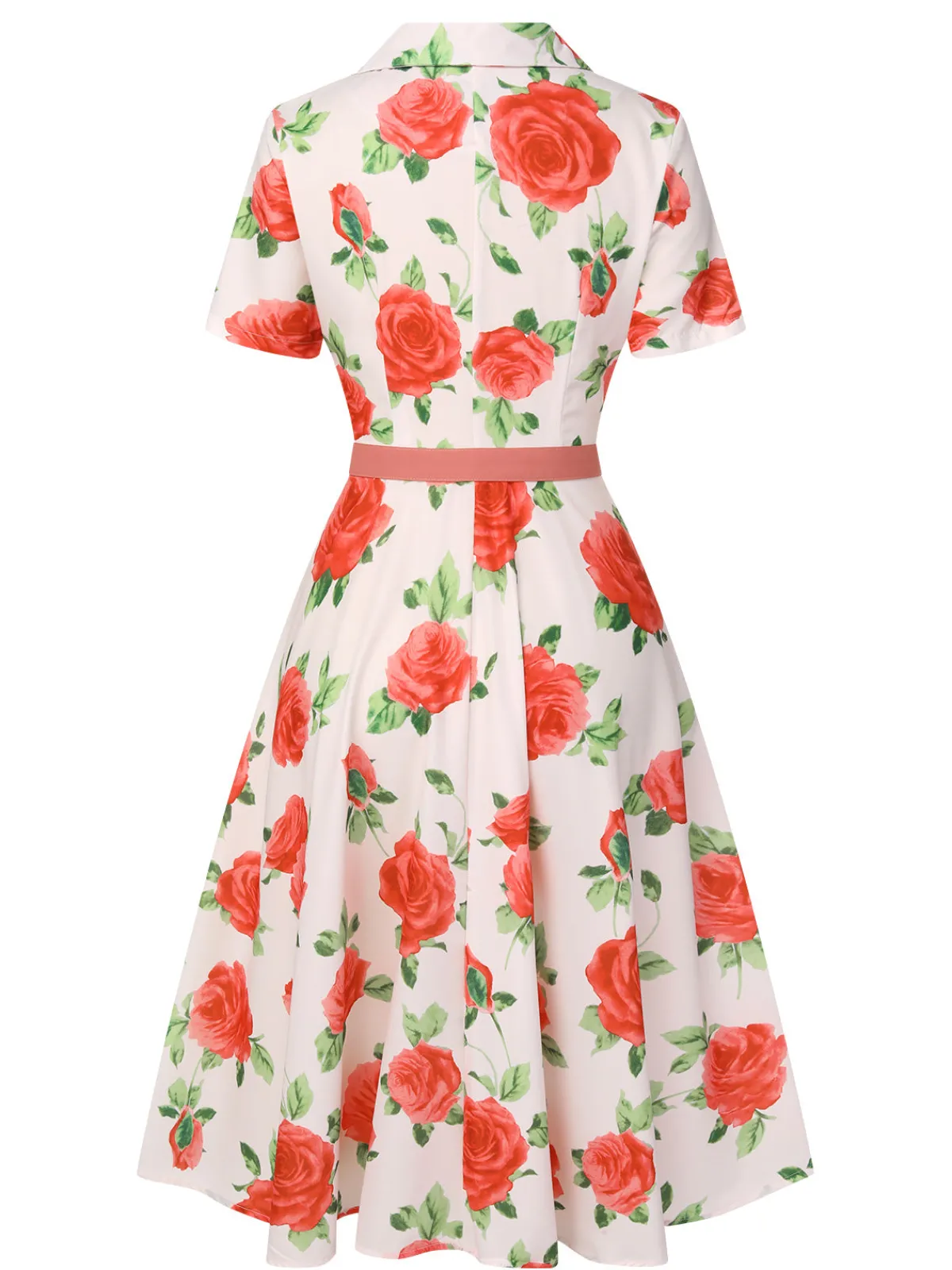 Clearance Retro Stage 1950s Roses Lapel Dress With Belt Beige