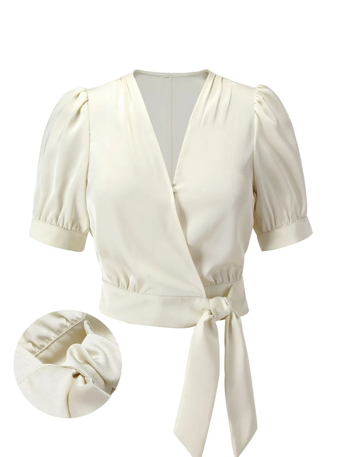 New Retro Stage 1950s Satin Puff Sleeve V-Neck Blouse Beige