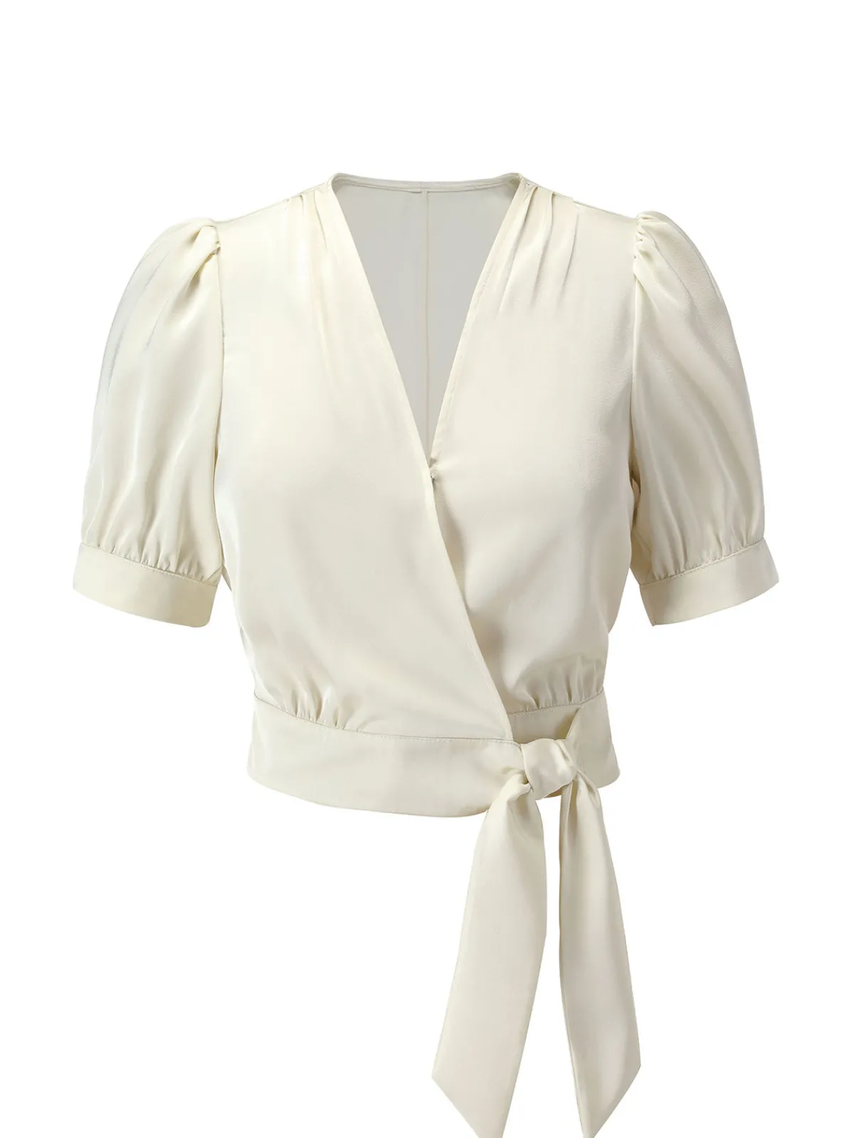 New Retro Stage 1950s Satin Puff Sleeve V-Neck Blouse Beige