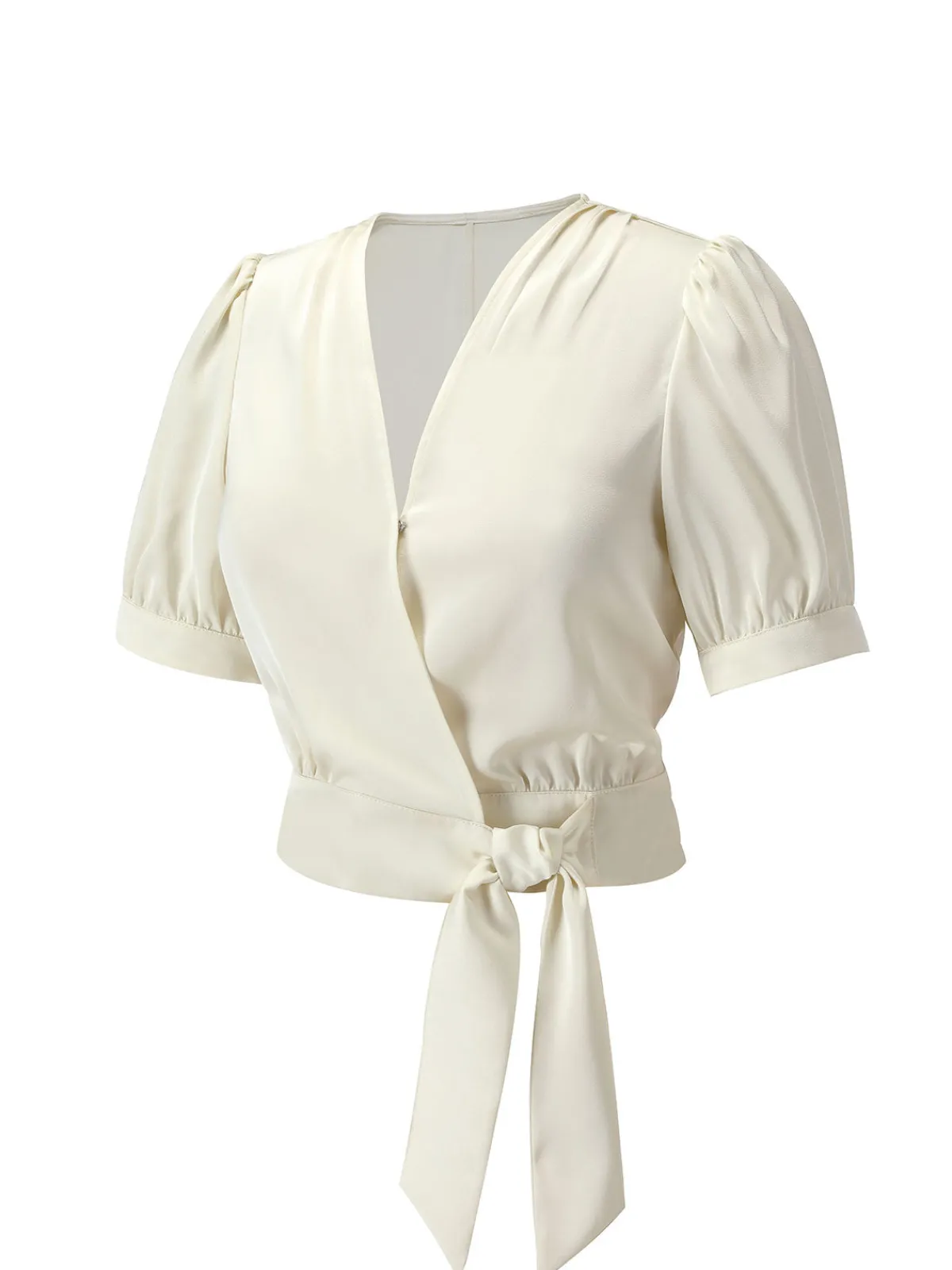 New Retro Stage 1950s Satin Puff Sleeve V-Neck Blouse Beige