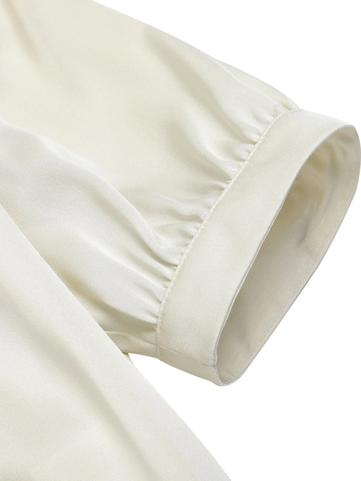 New Retro Stage 1950s Satin Puff Sleeve V-Neck Blouse Beige