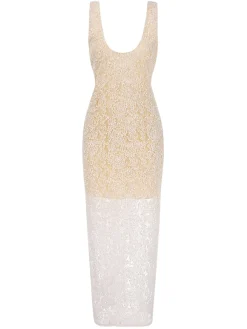 Best Retro Stage 1970s Scoop Neck Textured Maxi Dress Beige
