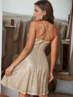 Fashion Retro Stage 1980s Sequined Deep V-Neck Skater Dress Beige