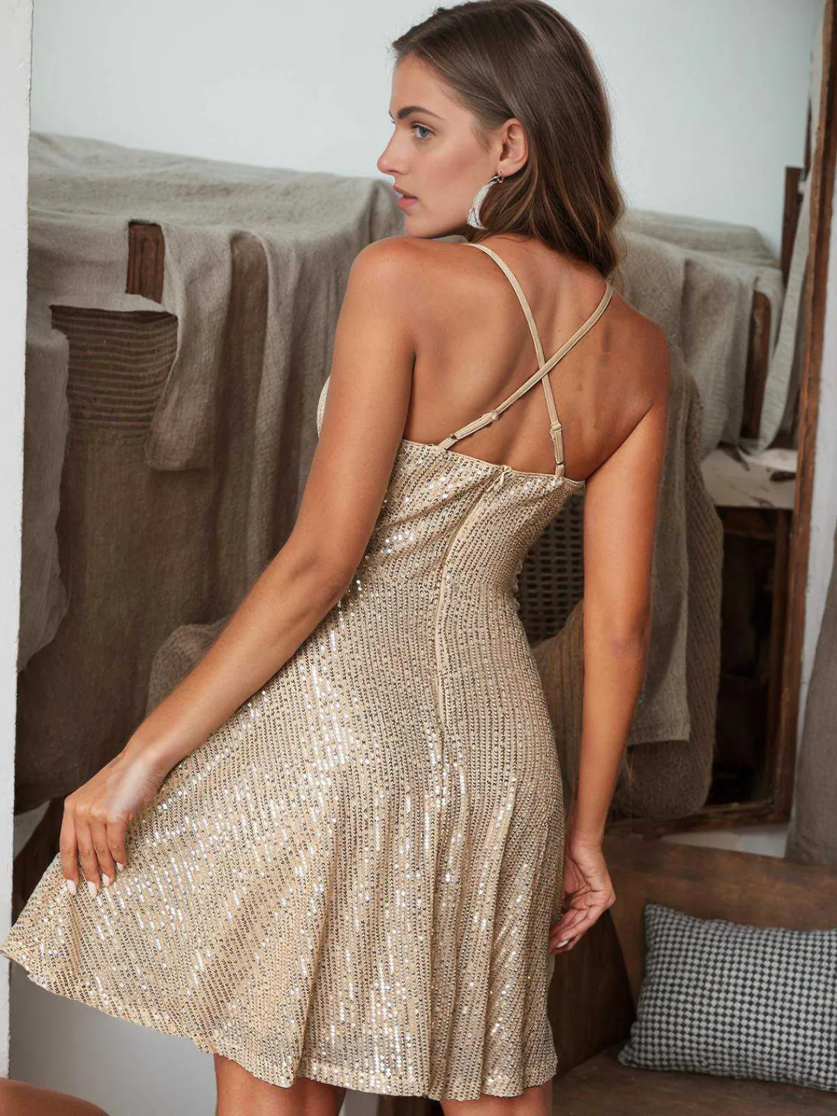 Fashion Retro Stage 1980s Sequined Deep V-Neck Skater Dress Beige