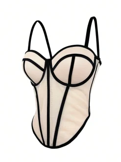 Clearance Retro Stage 1980s Sheer Steampunk Herringbone Corset Beige
