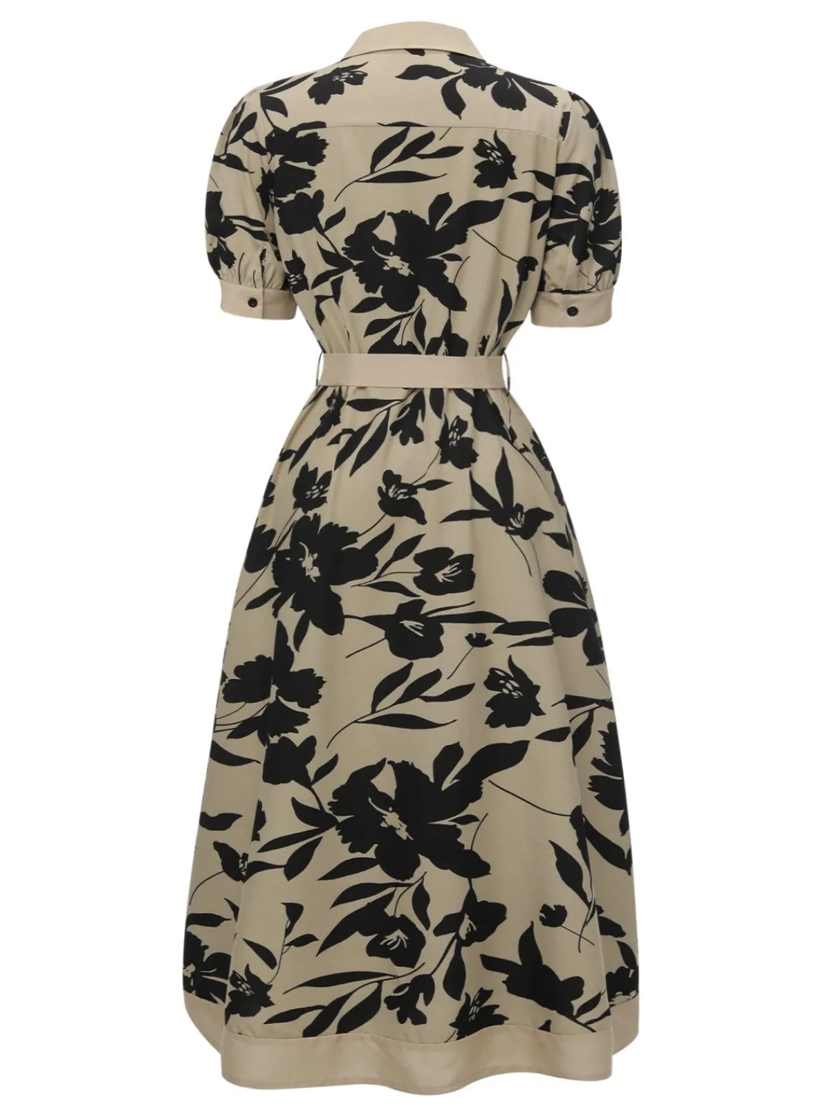 Sale Retro Stage 1940s Shirt-Collar Buttons Floral Printed Dress Beige