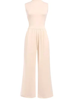 Clearance Retro Stage 1940s Solid High Neck Jumpsuit Beige