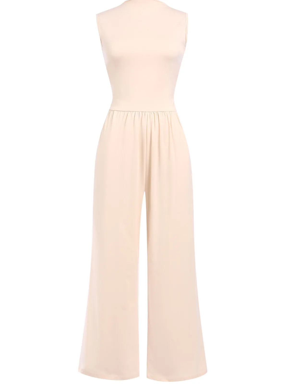 Clearance Retro Stage 1940s Solid High Neck Jumpsuit Beige