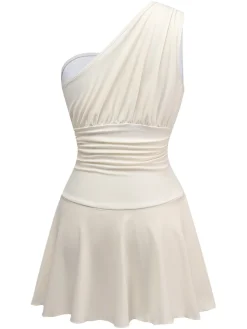 Online Retro Stage 1940s Solid One-Shoulder Ruched Swim Dress Beige
