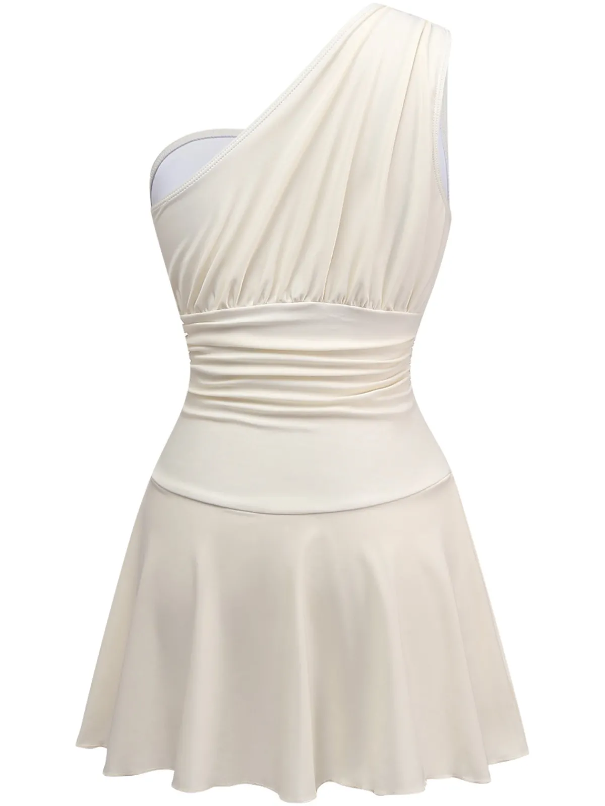 Online Retro Stage 1940s Solid One-Shoulder Ruched Swim Dress Beige