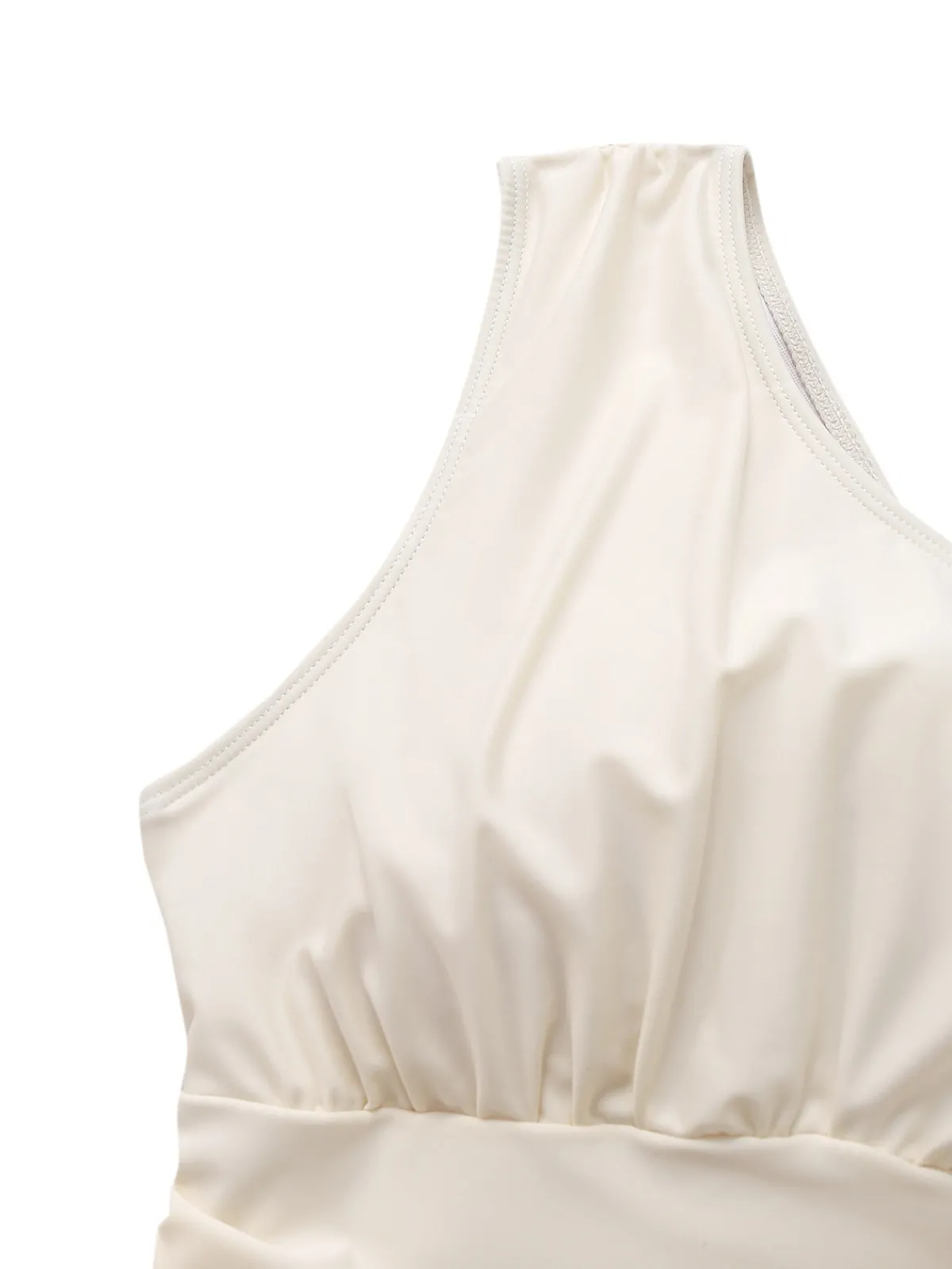 Online Retro Stage 1940s Solid One-Shoulder Ruched Swim Dress Beige