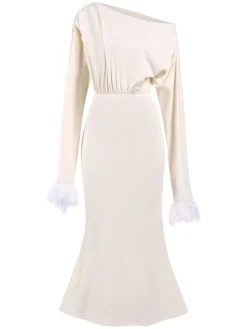 Sale Retro Stage 1930s Solid Plush Cuff Mermaid Dress Beige