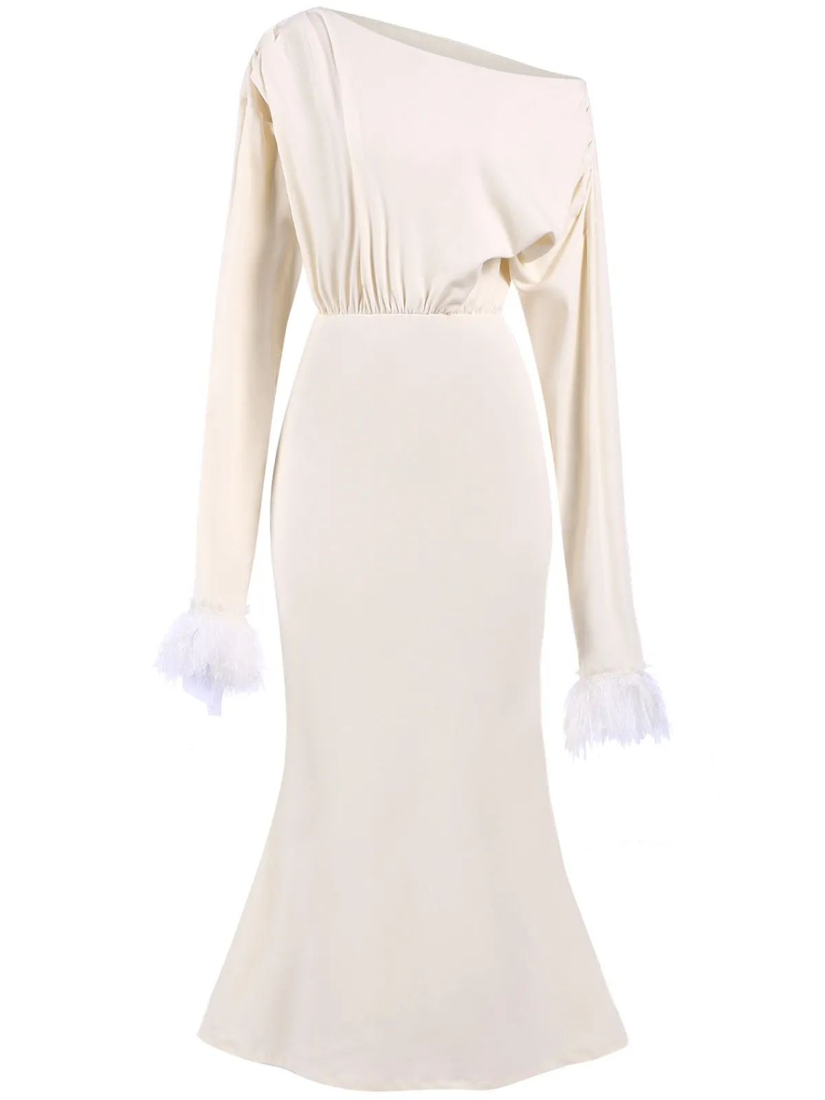 Sale Retro Stage 1930s Solid Plush Cuff Mermaid Dress Beige