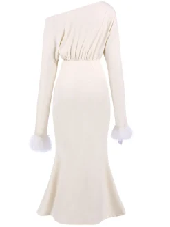 Sale Retro Stage 1930s Solid Plush Cuff Mermaid Dress Beige