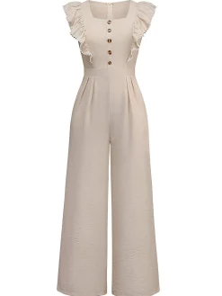 Outlet Retro Stage 1950s Solid Ruffled Cap Sleeves Jumpsuit Beige