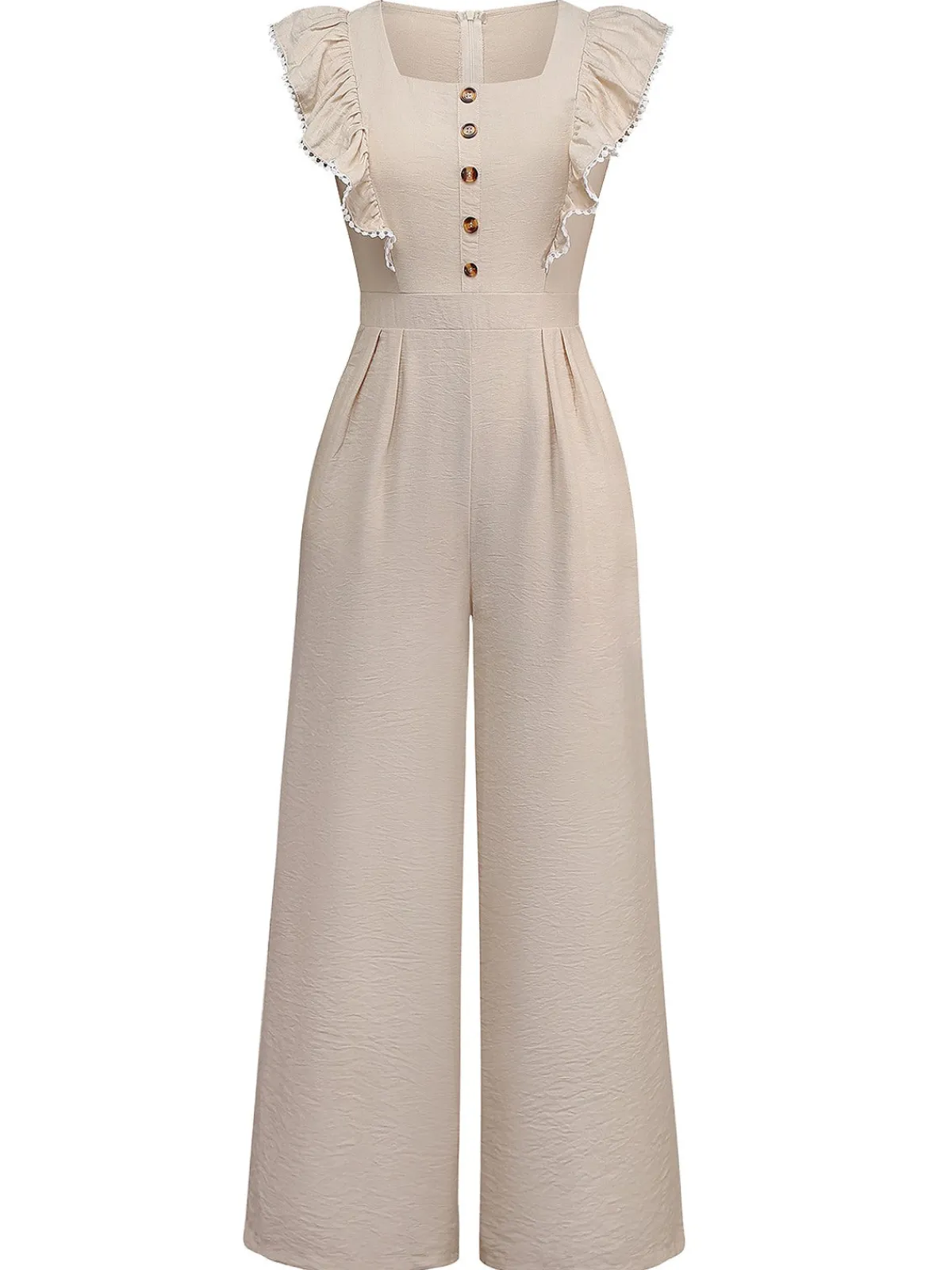 Outlet Retro Stage 1950s Solid Ruffled Cap Sleeves Jumpsuit Beige