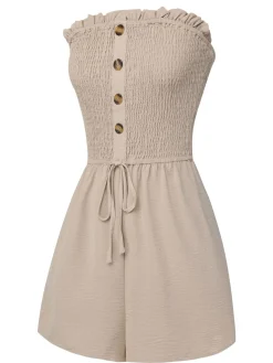 Discount Retro Stage 1950s Solid Smocking Strapless Romper Beige