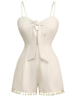 Online Retro Stage 1950s Solid Spaghetti Straps Smocked Romper Beige