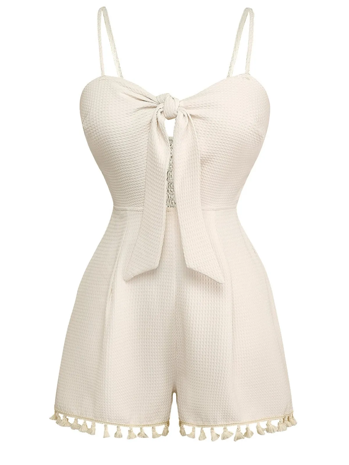 Online Retro Stage 1950s Solid Spaghetti Straps Smocked Romper Beige