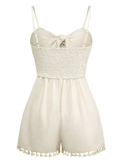 Online Retro Stage 1950s Solid Spaghetti Straps Smocked Romper Beige
