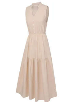 Hot Retro Stage 1940s Solid Stand Collar V-Neck Dress Beige