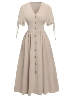 Discount Retro Stage 1940s Solid V-Neck Buttons Dress Beige