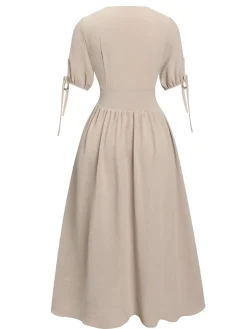 Discount Retro Stage 1940s Solid V-Neck Buttons Dress Beige