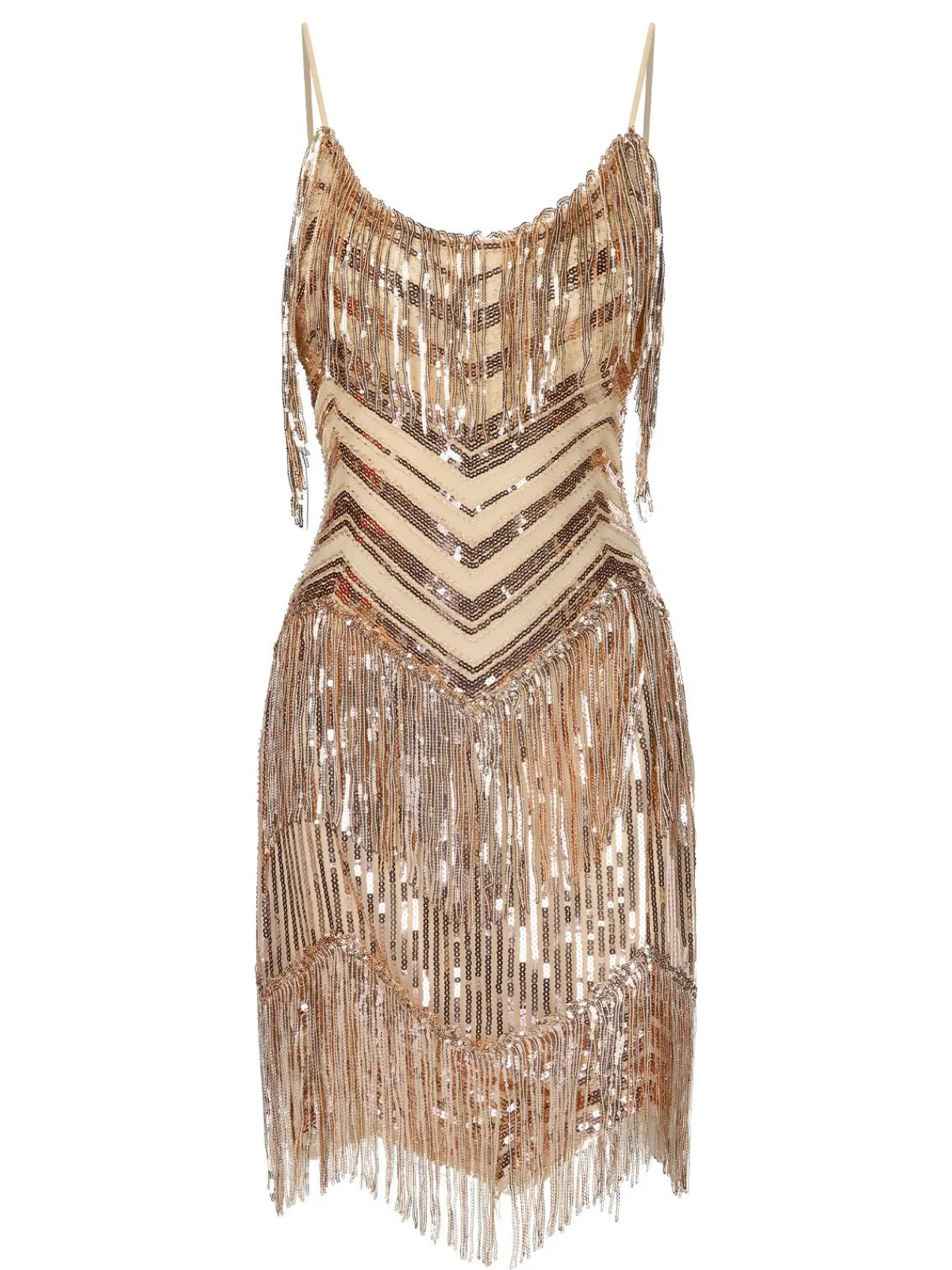 Online Retro Stage 1920s Spaghetti Strap Fringe Sequins Party Dress Beige