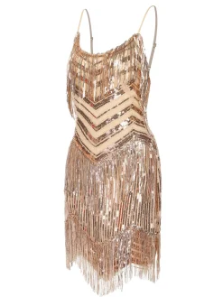 Online Retro Stage 1920s Spaghetti Strap Fringe Sequins Party Dress Beige