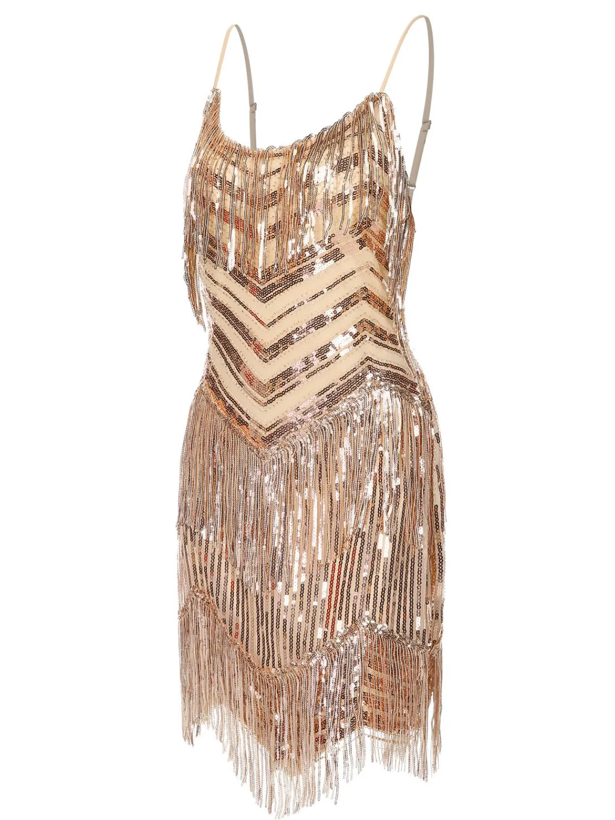 Online Retro Stage 1920s Spaghetti Strap Fringe Sequins Party Dress Beige