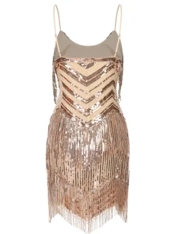 Online Retro Stage 1920s Spaghetti Strap Fringe Sequins Party Dress Beige