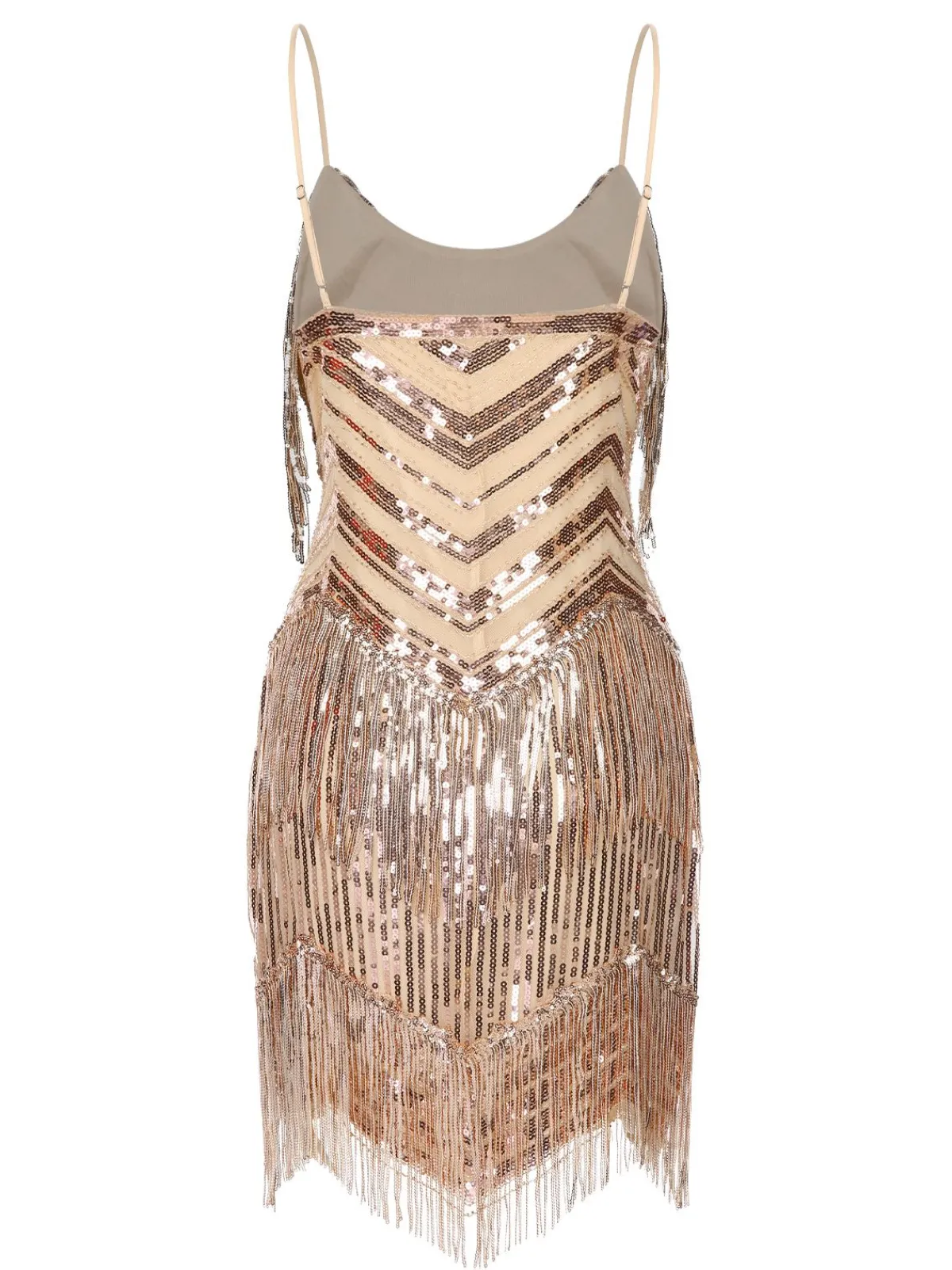 Online Retro Stage 1920s Spaghetti Strap Fringe Sequins Party Dress Beige