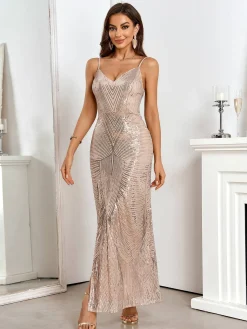 Best Retro Stage 1920s Spaghetti Straps Sequined Split Dress Beige