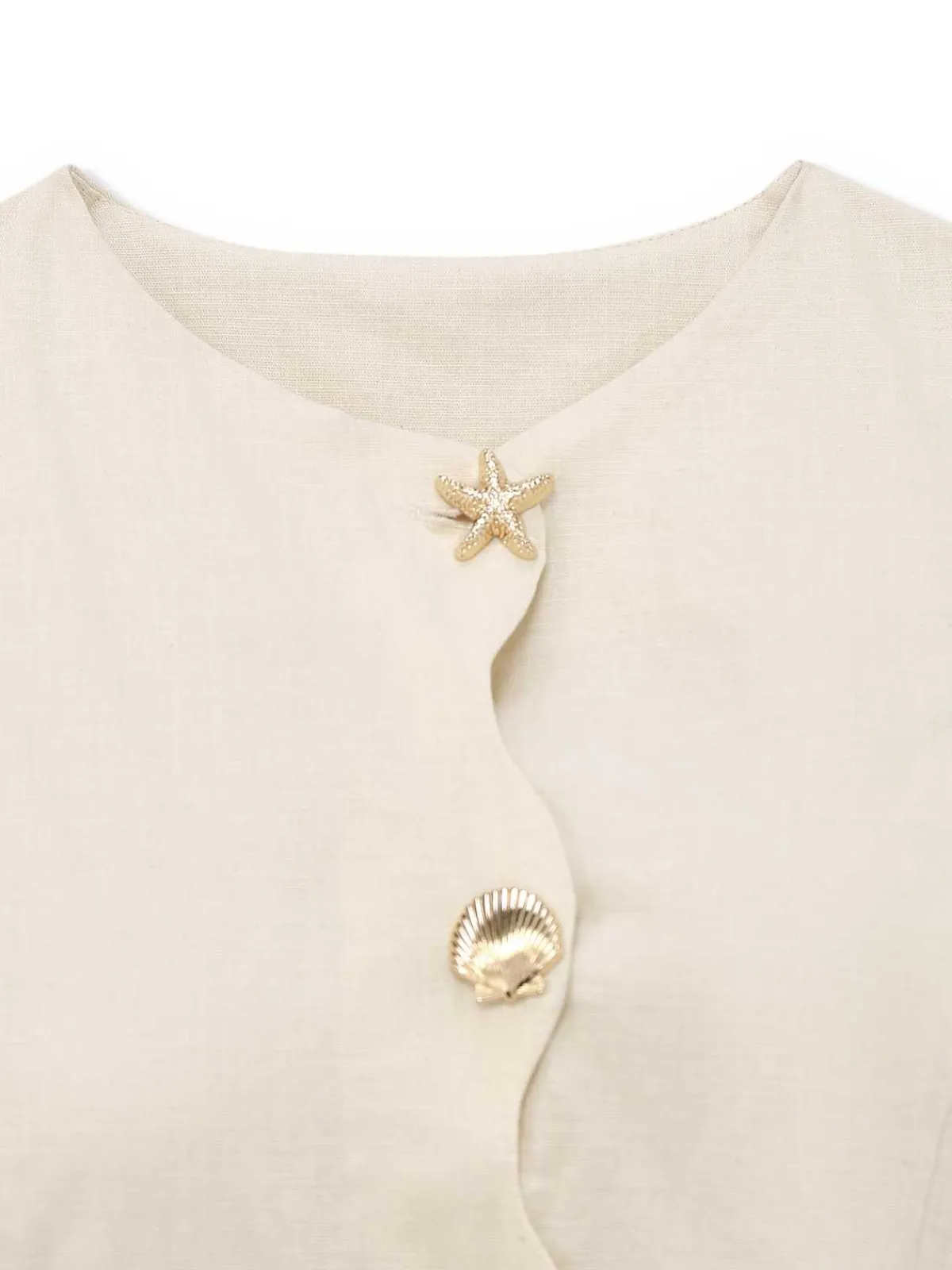 New Retro Stage 1960s Starfish Shell Buttons Sleeveless Dress Beige