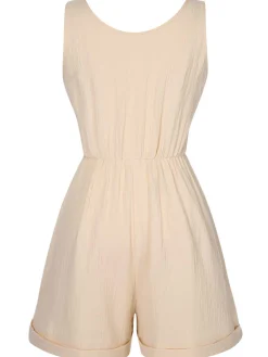 Discount Retro Stage 1950s Strap Belted Sleeveless Romper Beige