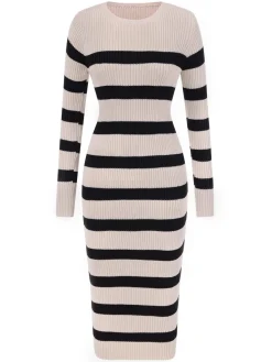 Best Retro Stage 1960s Stripe Knit Bodycon Dress Beige