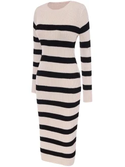 Best Retro Stage 1960s Stripe Knit Bodycon Dress Beige