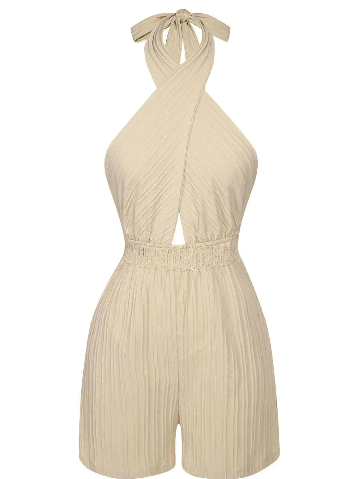 Outlet Retro Stage 1950s Texture Folds Cross Halter Romper Beige