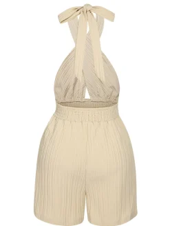 Outlet Retro Stage 1950s Texture Folds Cross Halter Romper Beige