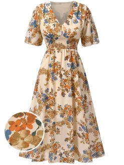 Online Retro Stage 1930s V-Neck Floral Elastic Waist Dress Beige